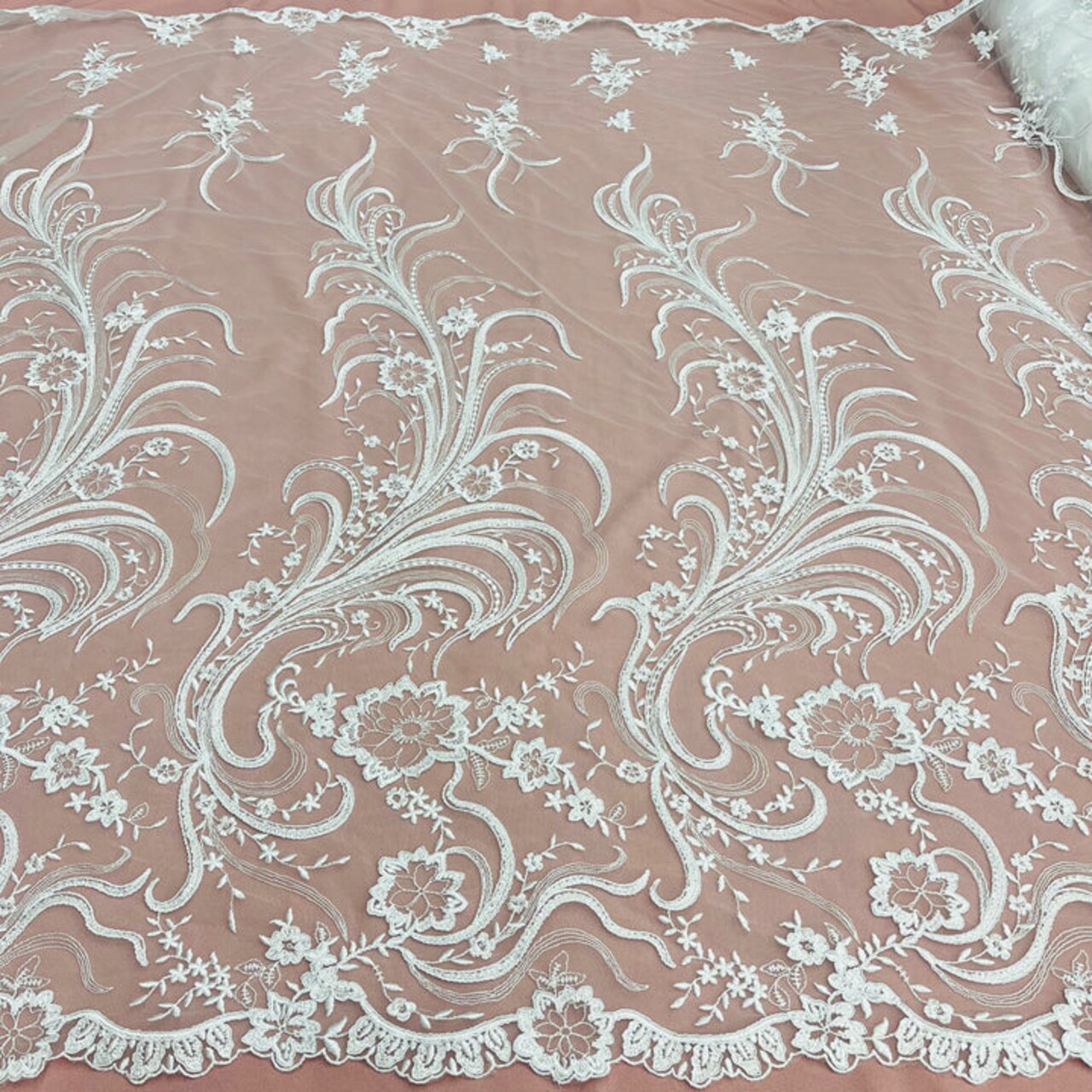 1 Yard Exquisite Corded Embroidered Bridal Lace Fabric for Special Occasion White